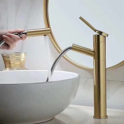 Robinet de lavabo de salle de bain avec douchette extractible, bec en laiton à un trou en or brossé, pour eau chaude et froide